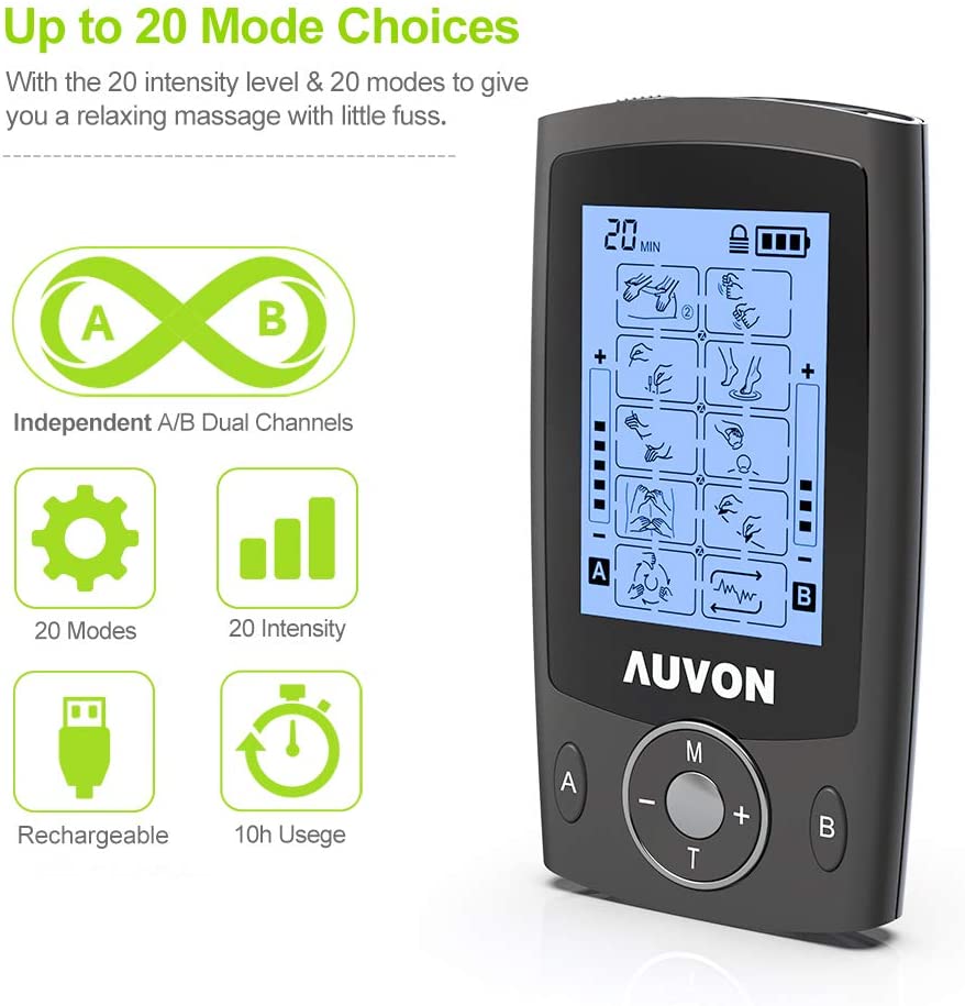 AUVON Dual Channel TENS Machine for Pain Relief TENS Unit Muscle Stimulator with 20 Modes, 2" and 2"x4" TENS Pads Replacement (Black) - Image 4