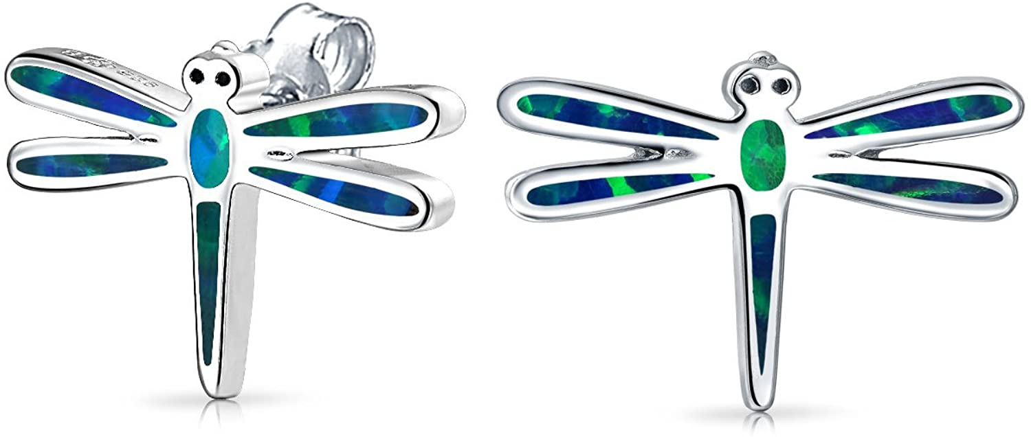 Blue Created Opal Garden Insect Summer Dragonfly Firefly Stud Earrings For Women For Teen .925 Sterling Silver