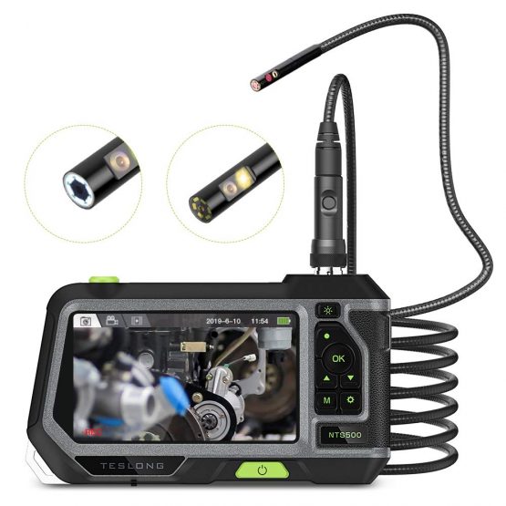 Teslong Dual Lens Endoscope, 5 Inch IPS Monitor 1080P HD Industrial Borescope, 0.21inch Inspection Camera With 6 Adjustable LED Lights Semi-Rigid IP67 Waterproof Snake Camera,Hard Plastic Case（9.8ft)