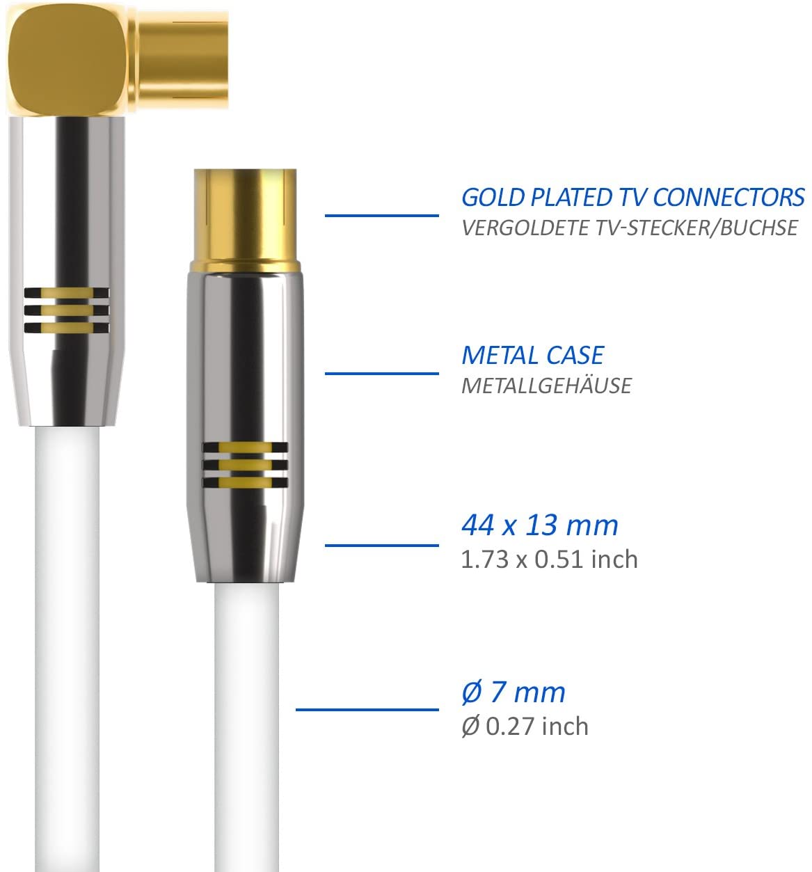 deleyCON 10m (32.81 ft.) TV Antenna Cable Coaxial Cable Gold-plated connector 1x 90° angle 1x straight Metal Connector UltraHD FullHD HDTV - Image 4