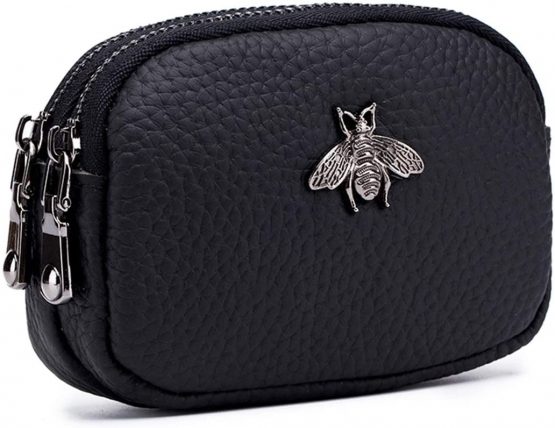 ZOONAI Genuine Leather Double Zipper Coin Purse Bee Change Pouch Credit Card Holder (Black)