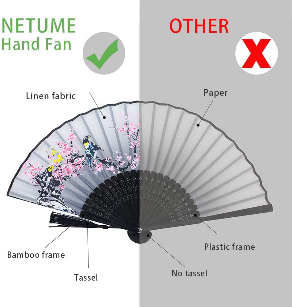 NETUME 4 Pieces Hand Folding Fans for Women Silk Fabric and Hollow Carved Bamboo Handheld Folding Fan - Image 4