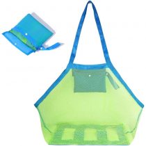 Yesmin XL Extra Large Mesh Beach Tote Bag for Outdoor Swim Pool Childrens and Kids Toys Travel Towels Sand Away Organizer Storage Bags, Foldable & Lightweight (Green mesh Blue bag)