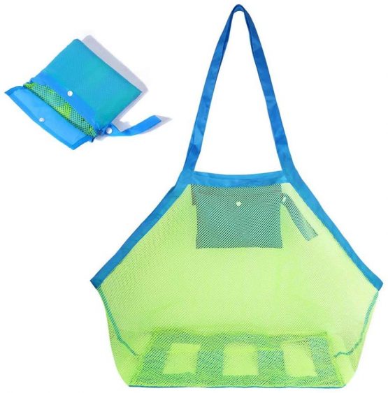 Yesmin XL Extra Large Mesh Beach Tote Bag for Outdoor Swim Pool Childrens and Kids Toys Travel Towels Sand Away Organizer Storage Bags, Foldable & Lightweight (Green mesh Blue bag)