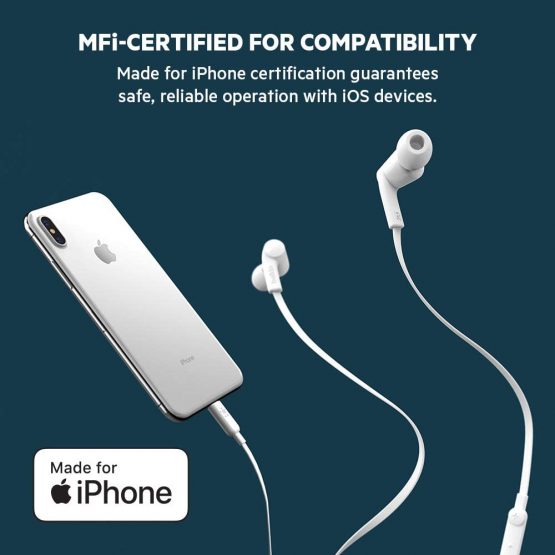 Belkin SoundForm iPhone Headphones with Lightning Connector (Lightning Earphones for iPhone 12, 12 Pro, 12 Pro Max, 12 mini, 11, 11 Pro, 11 Pro Max, XS Max, XS, X, SE, 8 Plus, 8, 7 Plus, 7), White - Image 4