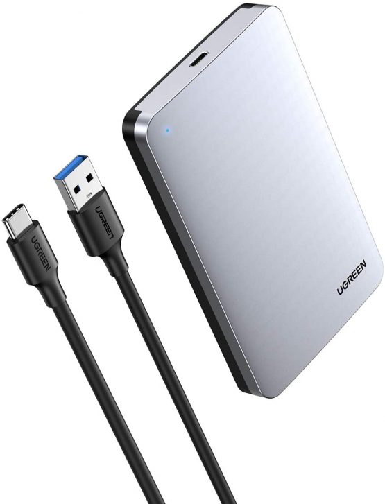 UGREEN 2.5" Hard Drive Enclosure, USB C 3.1 Gen2 External SATA Disk Caddy Reader, 6 Gbps UASP Thunderbolt 3 Aluminum Case Compatible with 7mm 9.5mm SATA 2.5 HDD SSD,MacBook,Laptop,PS4,Xbox,TV (White）