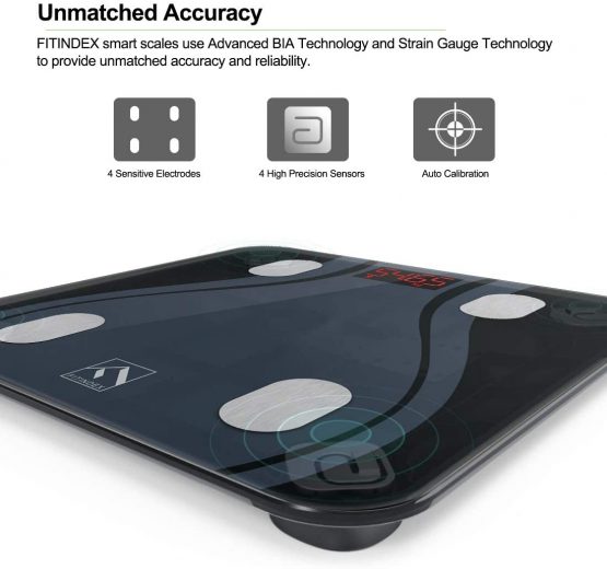Smart Body Fat Scales, High Precision Bluetooth Scale with Smartphone App, Digital Weight Scales Bathroom Body Fat Weighing FITINDEX Body Composition Monitors for BMI Muscle, 180kg/28st/396lb, Black - Image 4