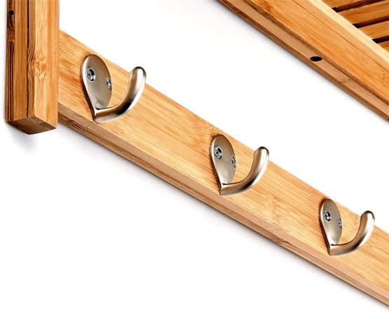 Relaxdays Wall-Mount Towel Rack, Size: 18 x 50 x 16 cm, w/ 4 Hooks, Bamboo, Natural Brown - Image 3