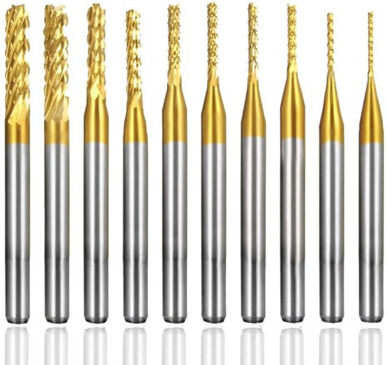 Bestgle 10Pcs 0.8-3.175mm Tungsten Carbide Titanium Coat End Mill Engraving Bits Milling Cutter Tool CNC Rotary Burrs Set, 1/8'' Shank