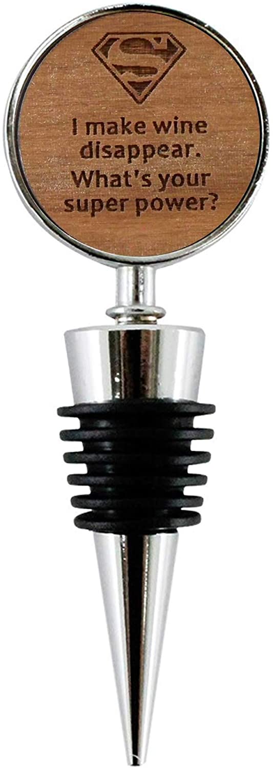 Jorvik Wood Funny Wine Bottle Stopper, I make wine disappear. What's your super power?