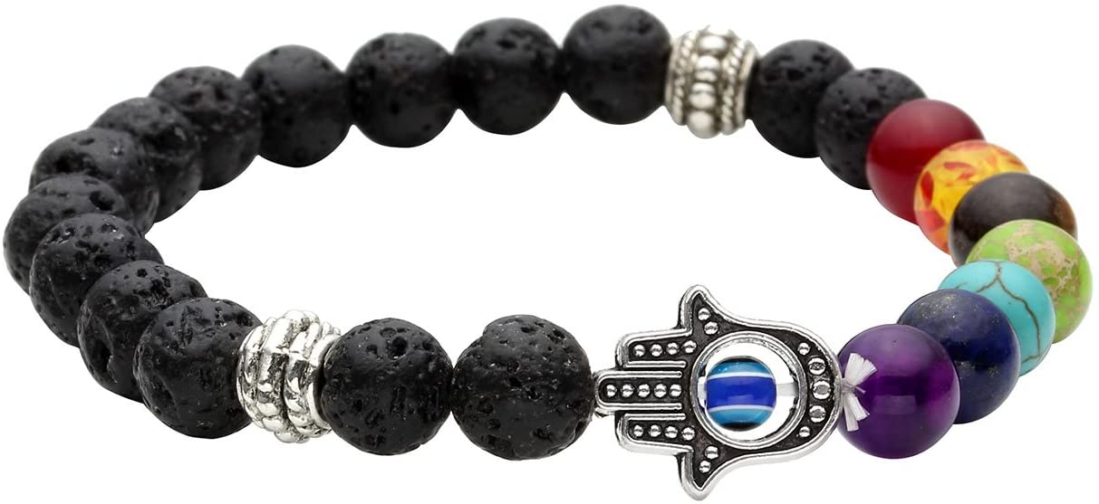 Jovivi Mens Healing Crystal Hamsa Hand Evil Eye Lava Chakra Bracelet for Women,Natural Gemstones Yoga Anxiety Good Luck Protection Beaded Bracelet Jewellery gifts for Men Women
