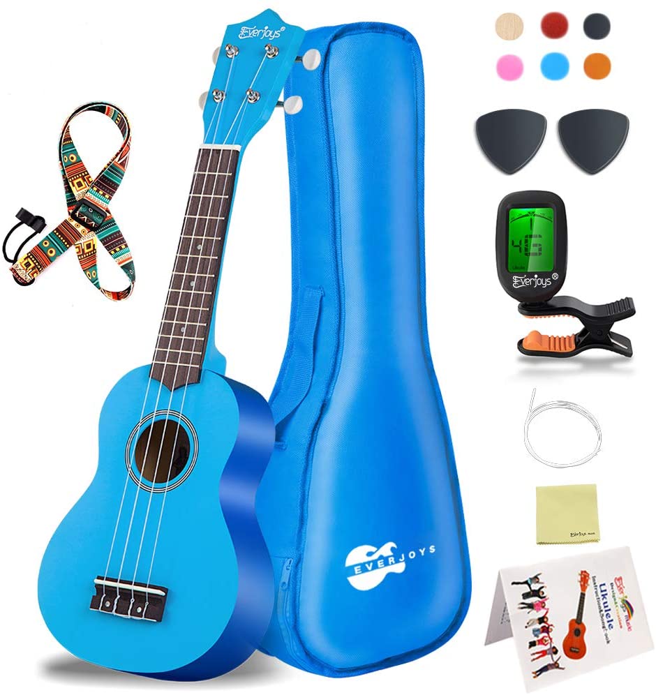 Everjoys Soprano Ukulele Beginner Kit 21 Inch Ukelele w/Free Online Lesson Carrying bag Digital Tuner Strings Picks