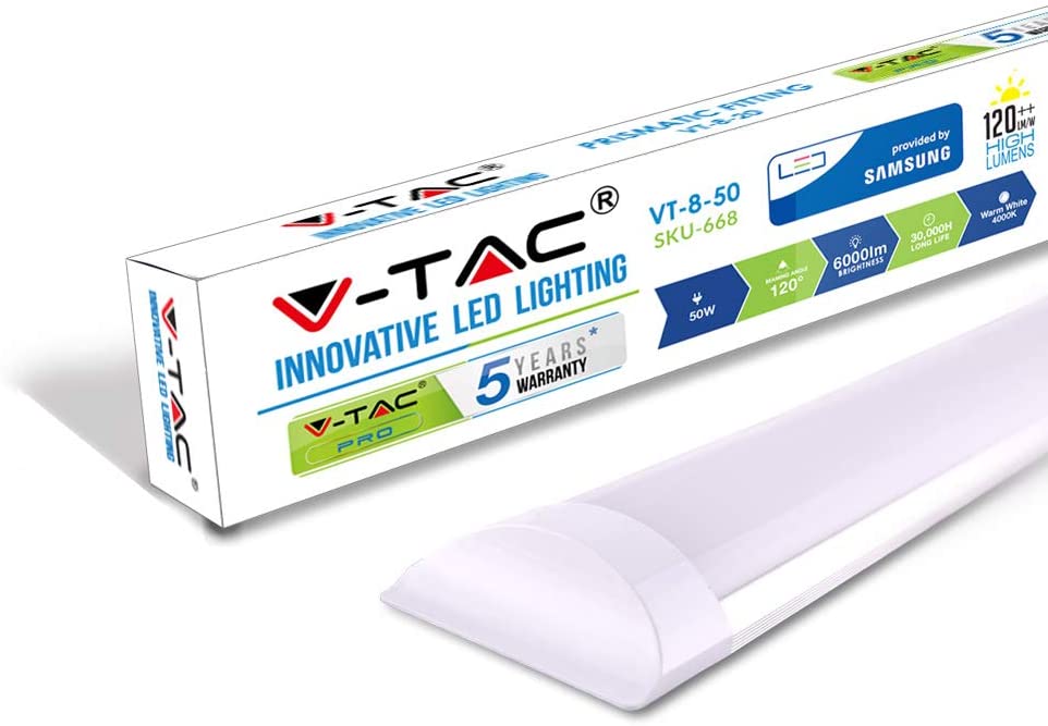 V-TAC 50W 5ft LED Batten Fittings Integrated Tube Lamp 4000K Day White 1500x74x24mm Wall and Ceiling Lighting 30000h Long Lifespan