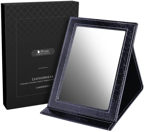 DUcare Desktop Makeup Mirror Leather Craft Free Standing Super HD Large Compact Mirror 6 * 8 inch - Black