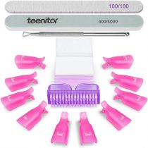 Teenitor Gel Nail Polish Remover Kit with Nail Polish Remover Clips Cap, Nail Wipe Cotton Pads Nail Scraper Nail Files and Buffer Bushes, 400/4000 Nail Shiner and 100/180 Nail Buffer Block Hot Red