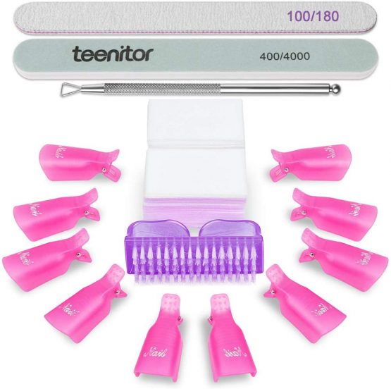 Teenitor Gel Nail Polish Remover Kit with Nail Polish Remover Clips Cap, Nail Wipe Cotton Pads Nail Scraper Nail Files and Buffer Bushes, 400/4000 Nail Shiner and 100/180 Nail Buffer Block Hot Red