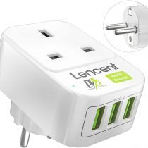 UK to EU Euro Europe Plug Adapter with 3 USB Ports, LENCENET Grounded European Travel Adapter with 3 USB Ports for Spain Germany France Portugal Greece Russia Netherlands Turkey and more (Type E/F)