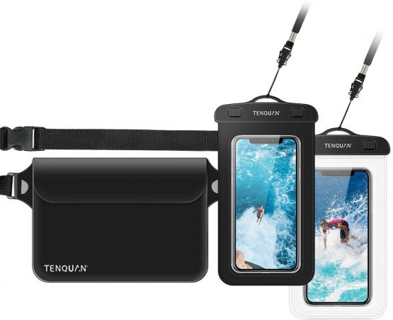 TENQUAN 2 Waterproof Cellphone Dry Bag Case & 1 Waterproof Pouch Dry Bag Case Waist Strap with Waist/Shoulder Strap Pack, Black (2 Case + 1 Pouch)