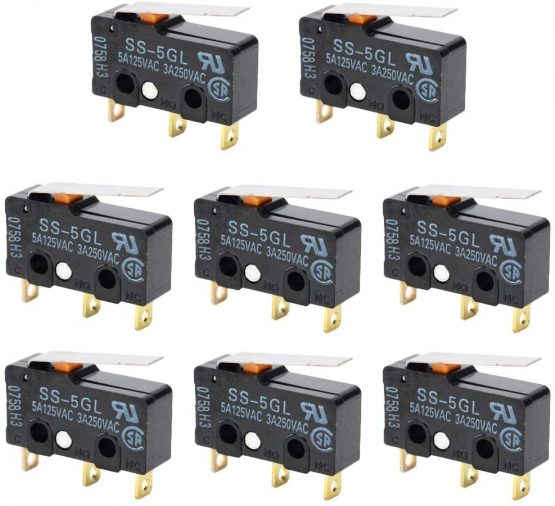CESFONJER Limit Switch SS-5GL 5A Micro Subminiature Snap Action Switch, Arm Push Button Momentary Actuator, for 3D Printer, Electronic Equipment, Automatic Machine, car Electric (Pack of 8 pcs)