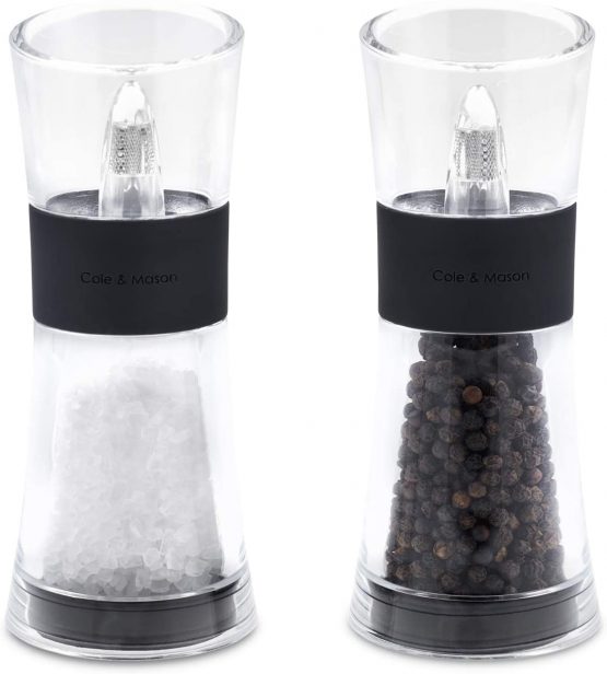 Cole & Mason H581580 Flip 180 Black Salt and Pepper Mills | Classic Inverta | Acrylic | 154mm | Gift Set | Includes 2 x Salt and Pepper Grinders | Lifetime Mechanism Guarantee