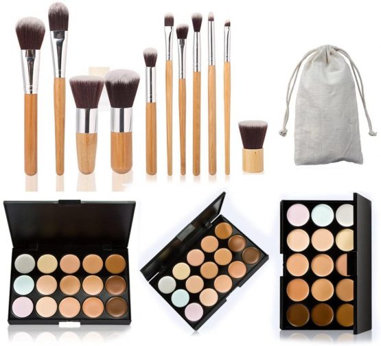 Tinksky 15 Colors Cosmetics Cream Contour-Contouring Foundation Concealer Palette Highlighting Makeup Kit with 11pcs Bamboo Brushes