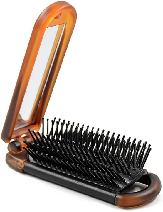 Ancable Folding Hair Brush with Mirror Compact Pocket Size for Travel Car Gym Bag Purse