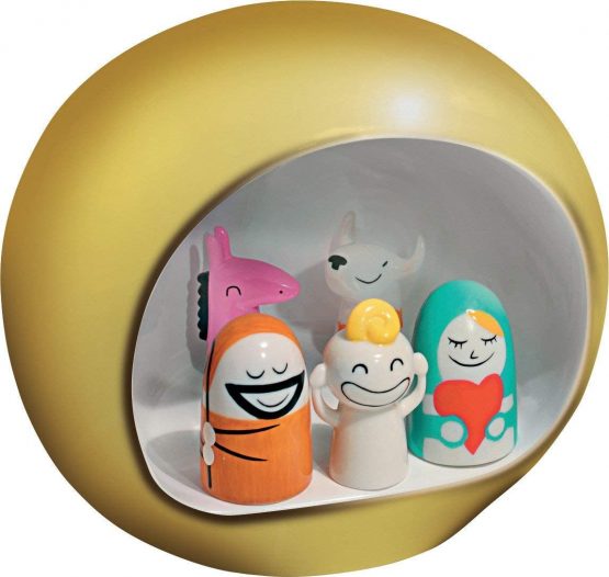 Alessi AMGI10 GD Hand Decorated Design Nativity Scene Set with Cave and Figurine, Porcelain, Gold, Set of 5