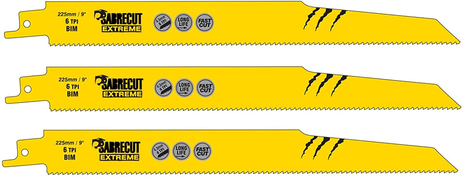 3 x SabreCut SCRS1110DF_3 225mm 6 TPI S1110DF Fast Wood and Metal Cutting Reciprocating Sabre Saw Blades, Yellow