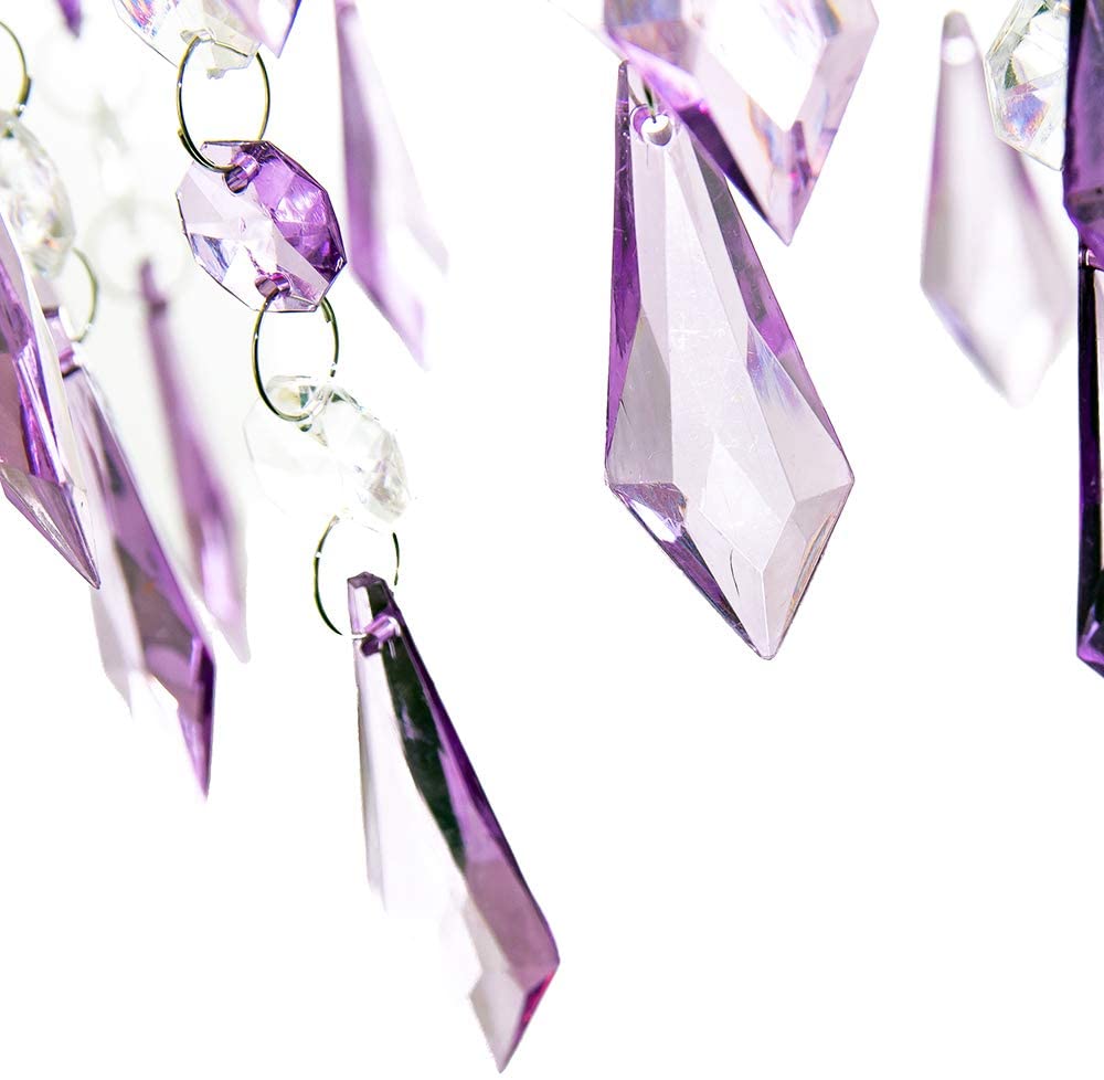 Modern Waterfall Design Easy Fit Pendant Shade with Clear/Purple Acrylic Droplets and Beads - Chrome Metal Rings - 16cm Diameter by Happy Homewares - Image 4
