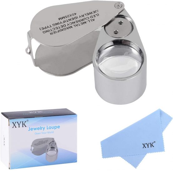 40X Full Metal Illuminated Jewellery Magnifier,XYK Folding Scientific Document Magnifying Glass Jewellers Lens Eye Loupe with LED and UV Light(LED Currency Detecting/Jewelry Identifying Type)
