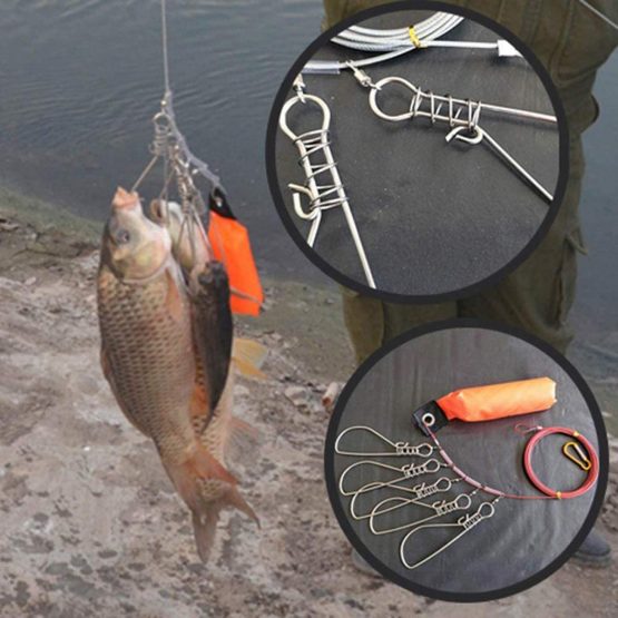 Techson Fish Stringer Kit, Portable Live Fish Large Buckle Lock, Stainless Steel Fishing Gear Accessories, Including 10 Snaps, Float, Plastic Handle and Carry Bag - Image 3