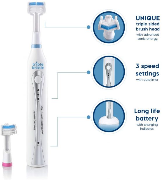 Triple Bristle Best Sonic Rechargeable Electric Toothbrush (3 Brush Head Design) Perfect Angle Bristles Clean Each Tooth 31,000 VPM - Image 3