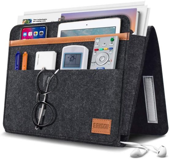 ERKOON Felt Bedside Caddy Thicker Bed Sofa Bedside Hanging Storage Organizer Bag Holder with Pocket for Books, Tablet, TV Remote Control, Phone, Accessories (Dark Grey)