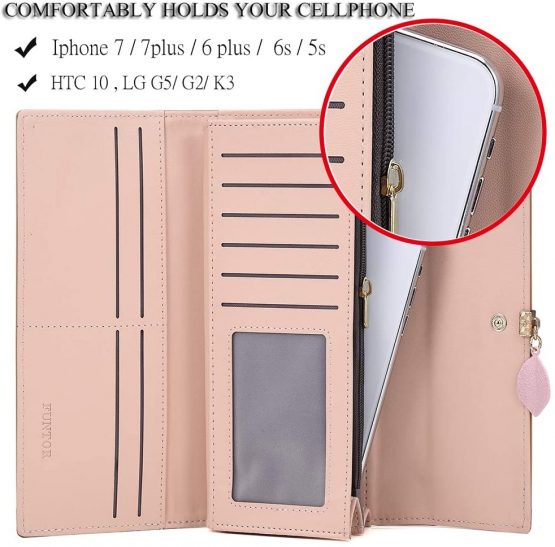 FT FUNTOR PU Leather Wallet for Women RFID Blocking Ladies Leaf Pendant Coin Zipper Long Purse with Multiple Card Slots and Card Holders Phone Pocket (Green) - Image 3