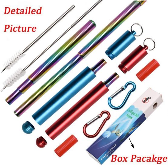 RZJZGZ 2 Pack Telescopic Reusable Straw, Collapsible Stainless Steel Straws, Portable Metal Drinking Straws with Aluminum Key-Ring Case & Cleaning Brush for Travel, Home, Work (Red and Blue) - Image 2