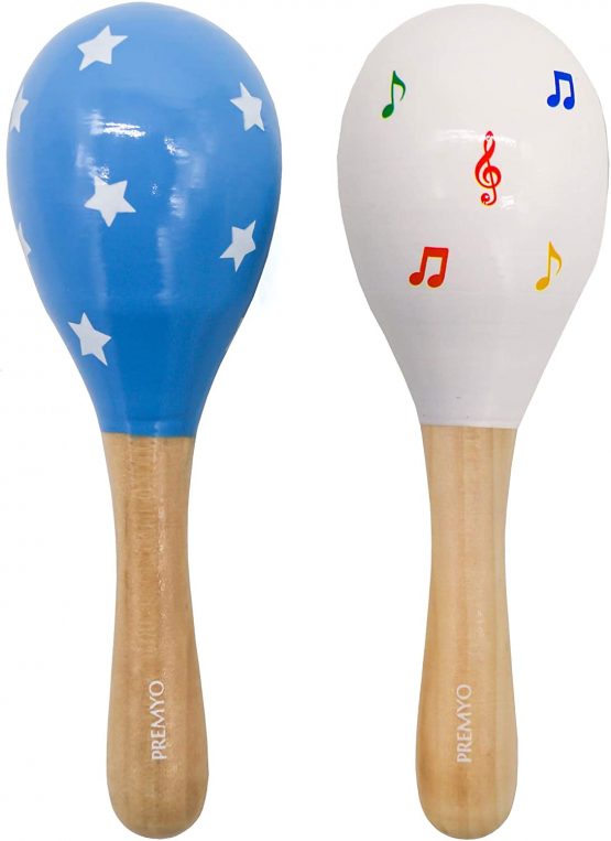 PREMYO Baby Rattle Maracas - Wooden Musical Instruments for Toddlers - Newborn Sensory Toys - Stars Note Blue White - Image 3