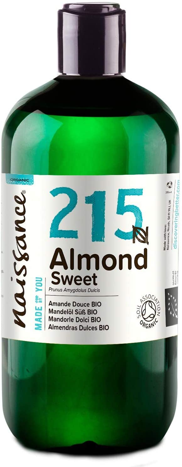 Naissance Certified Organic Sweet Almond Oil (no. 215) 450ml, for Skin Hair, Massage, Nails, Ears, Face, Body, Stretch Marks