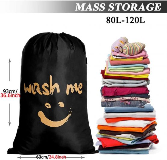 IHOMAGIC 2pack Laundry Bag Extra Large 100L, Foldable Storage Bag with Drawstring Cord Lock Closure, Nylon Clothes Bags for Bedroom or Dormitory and travel, Golden Smile Fabric Bag, Black/Silver - Image 2