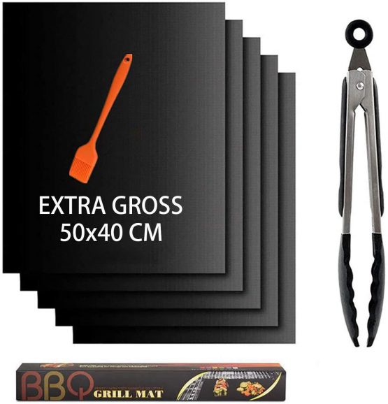 Nifogo BBQ Grill Mat, 100% Non Stick Cooking Mats & Baking Mats, Reusable nd Easy to Clean, with Oil Brush and BBQ tongs, FDA Aproved, Can Also Be Used As an Oven Liner (5 pack, 40 * 50cm)