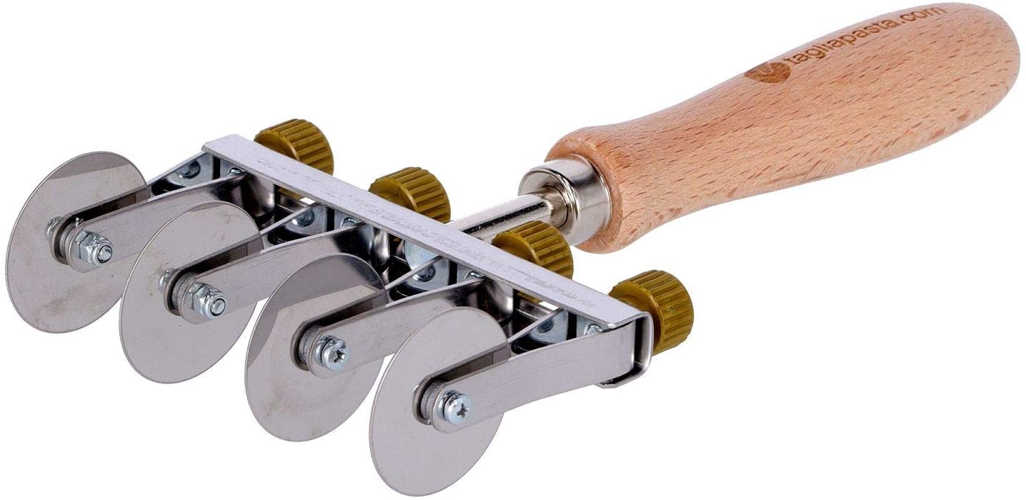 Pasta Cutter Wheel with 4 Smooth Adjustable Blades Diameter 36 mm in Stainless Steel and Wood Handle, Metallic, 4 Lame lisce