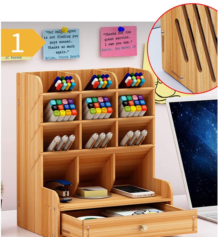 Hggzeg Wooden Desk Organiser Multi-Functional Drawer Stationery Desktop Storage Box Desk Tidy Pen Holder for Home Office and School (Cherry Color) - Image 3