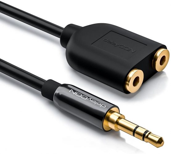 deleyCON Stereo Audio Jack Adapter - 2x 3.5mm Jack Female to 1x 3.5mm Jack Male - Black - Image 2