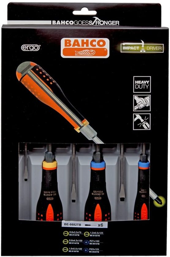 Bahco BE-9882TB BHBE-9882TB Ergo Screwdriver Set with Through Blade Slotted/Pozidriv, Multi-Colour, 0