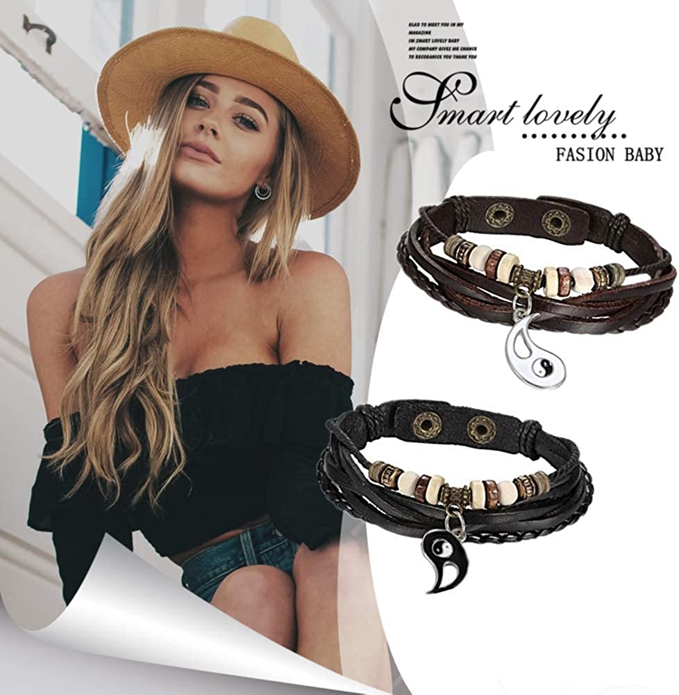 Flongo Men's Womens 2PCS Vintage Taichi Yin Yang Matching Beads Leather Strap Cuff Bracelet, 8.7 inch, Model A, 22 cm - Image 4