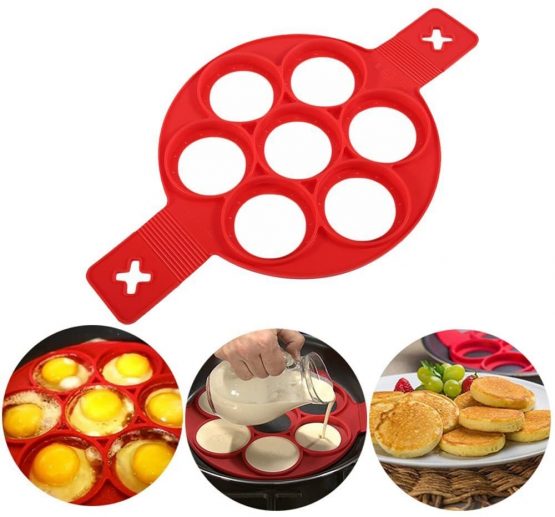 Pancake Molds Silicone Baking Mould Egg Maker Pancake Flipper Egg Ring Nonstick Silicone Round Egg Rings (Red 7 holes)