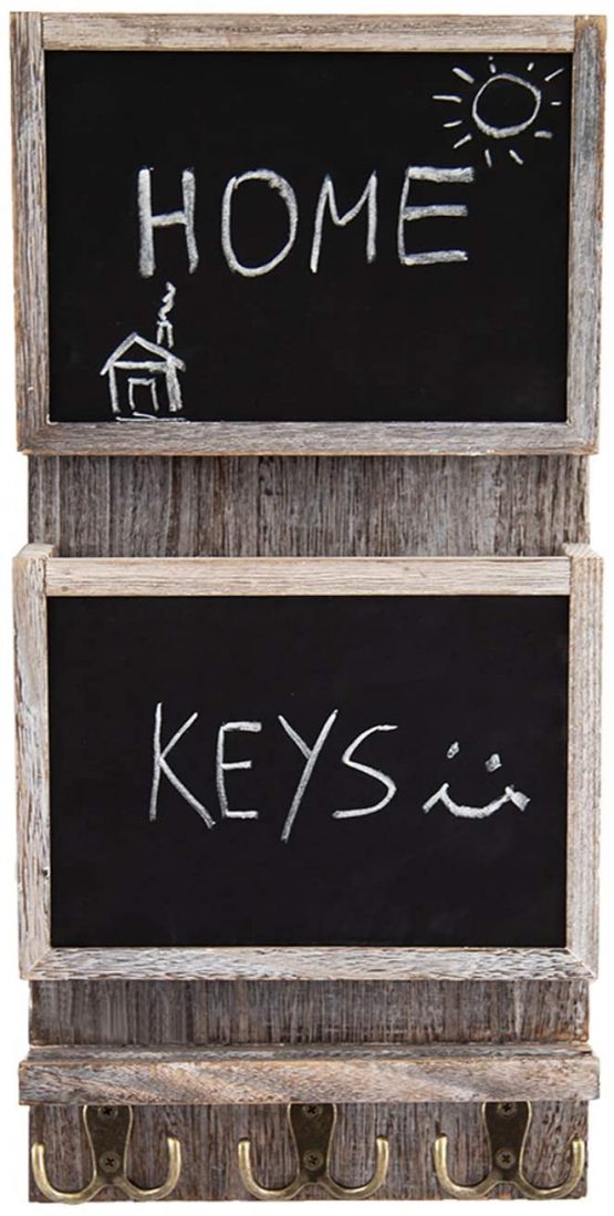 Rustic 2-Slot Mail Sorter Organizer for Wall with Chalkboard Surface & 3 Double Key Hooks - Wooden Wall Mount Mail Holder Organizer – Wall Décor for Entryway made of Paulownia Wood - Rustic White