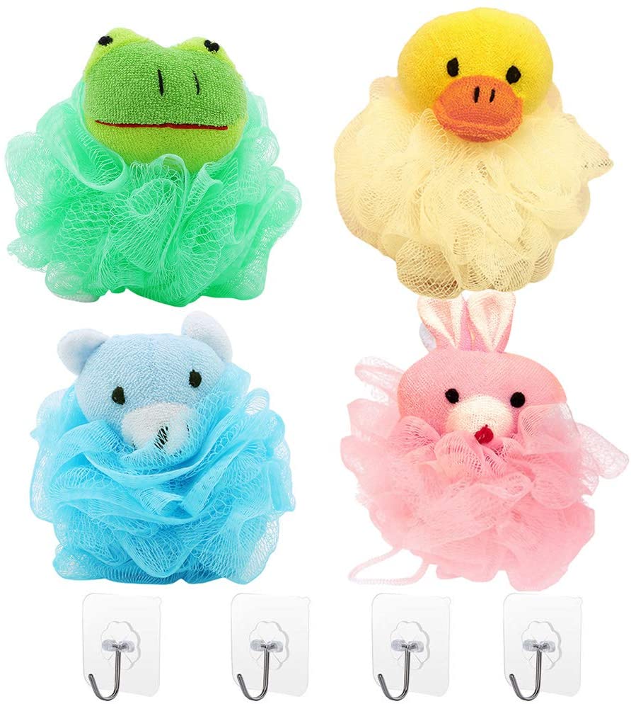 4PCS Cute Animal Mesh Bath Shower Sponge Loofahs, Children's Cartoon Bath Spong, with 4 Seamless Hook, Yellow, 4 count (Pack of 1)