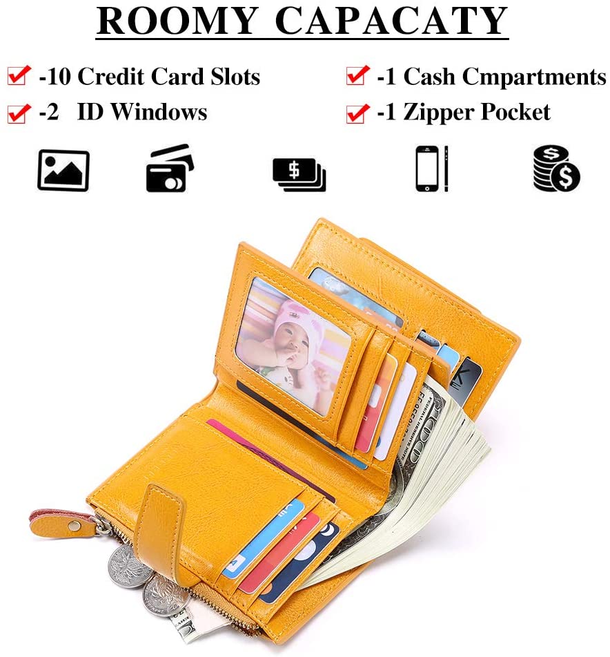 SENDEFN Women's RFID Blocking Leather Small Compact Bi-fold Zipper Pocket Wallet Card Case Purse with ID Window - Image 2