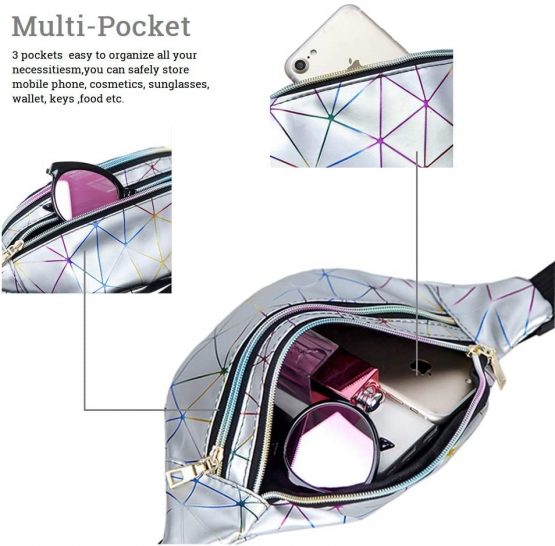 Geometric Bum Bag Waist Bag Holographic Fanny Pack Reflective Color Shiny Belt Bag Unusual for Ladies Travel Party Sports Running Hiking (Black) - Image 3