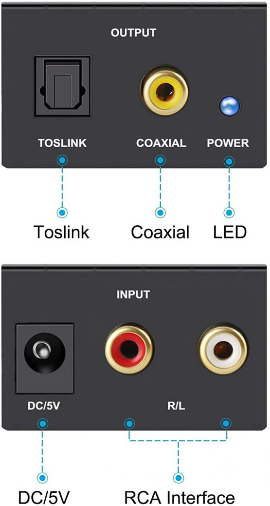 Portta Audio Converter Analog R/L RCA to Digital Coax/ Toslink Audio Converter Support 2 channel Stereo LPCM CH2.0 without Decode Function for PS3 XBox HD DVD PS4 Sky HD Plasma Blu-ray Home Cinema Systems AV Amps - Image 3
